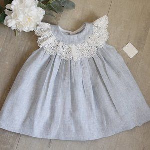 Blue Linen Float Dress Crocheted Lace Collar The Bailey Boys Boutique 3 Months
